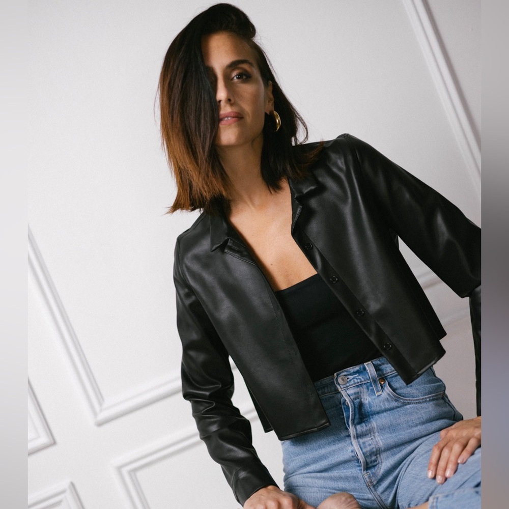 Black Vegan Leather Crop Button Down